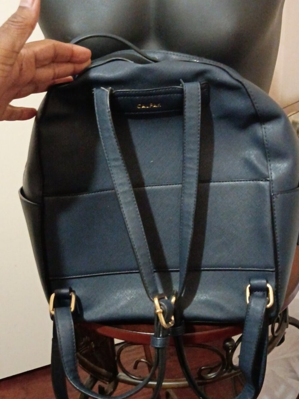 Calpak Kaya Backpack Blue Faux Leather Gold Hardware Trolly Sleeve Side Pockets - Picture 10 of 11